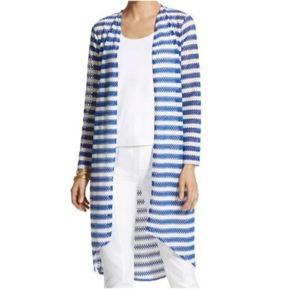 Chico's 3 Size XL Jacket Tess Cardigan Cover Up Eyelet Mesh Striped Flowing - Picture 7 of 8